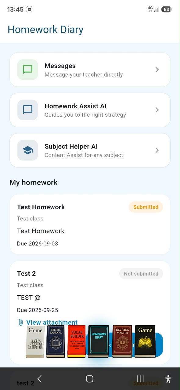 Homework overview screen