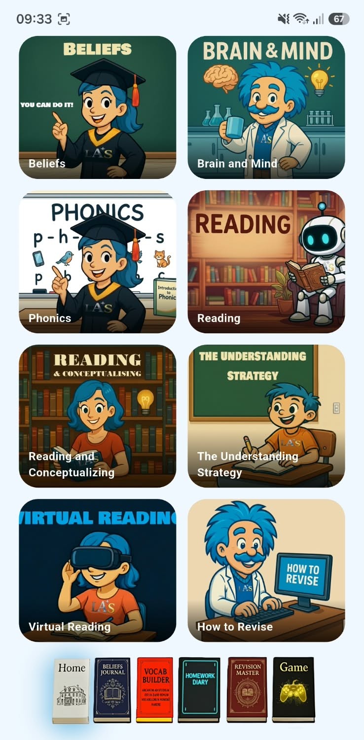 LAS lessons screen showing Beliefs, Brain and Mind, Phonics, Reading and more