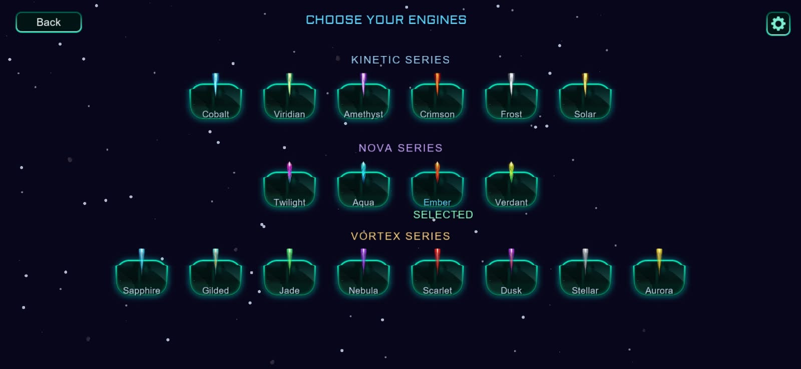 Choosing spaceship engine colors in the customization screen
