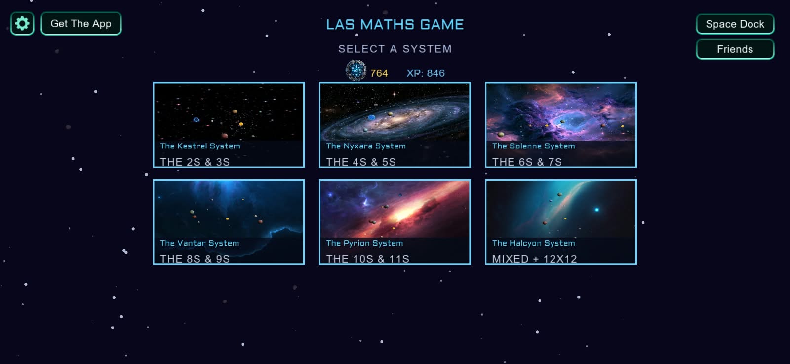 LAS Maths Game system select screen showing 6 boards from the Kestrel to the Halcyon System