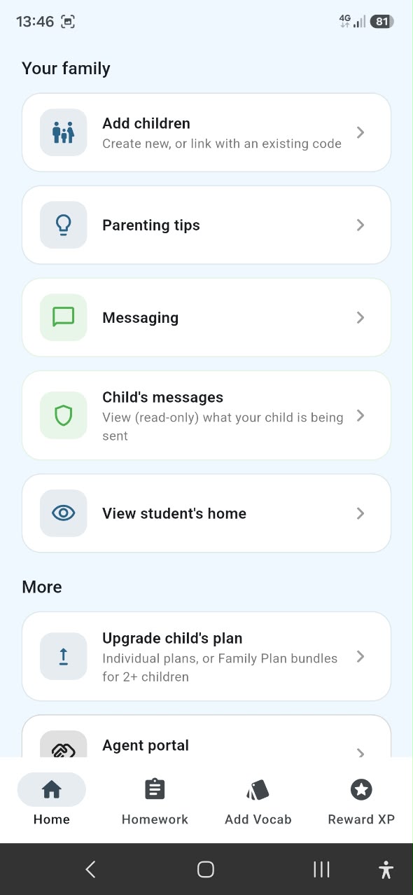 Parent home screen showing family options