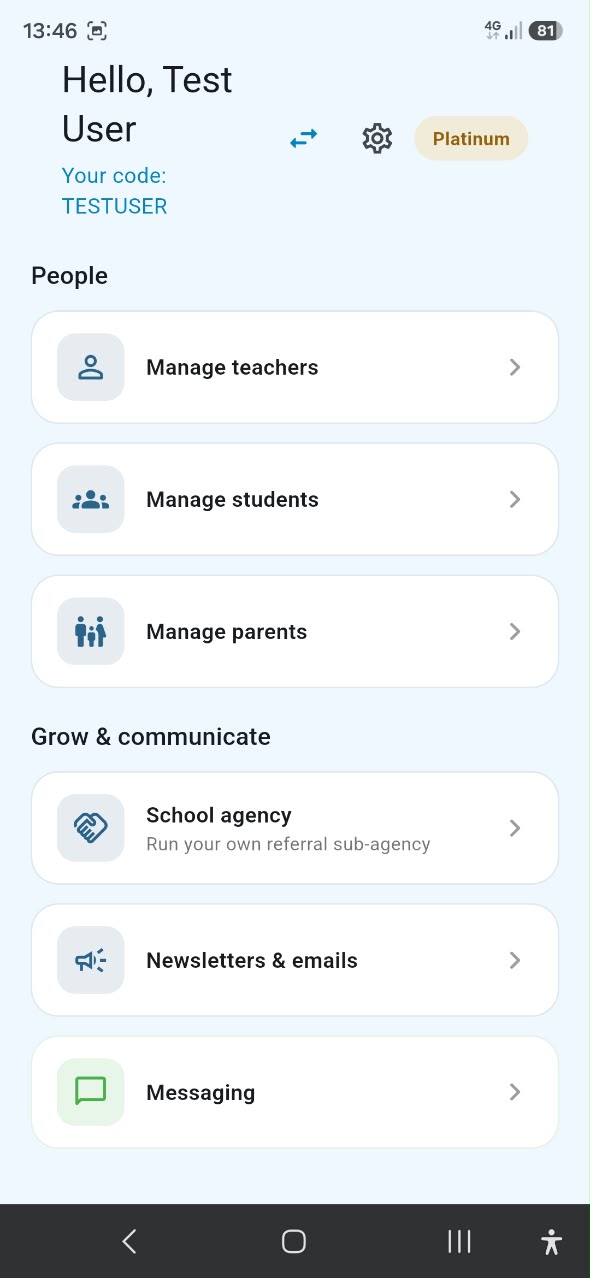 Referral and growth tools screen