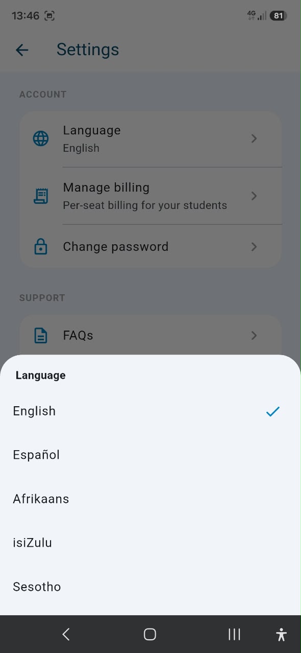 Language settings screen