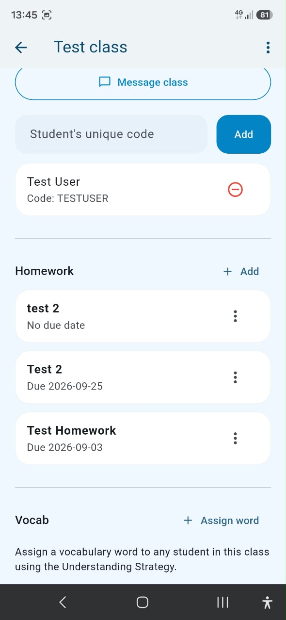 Teacher class management screen